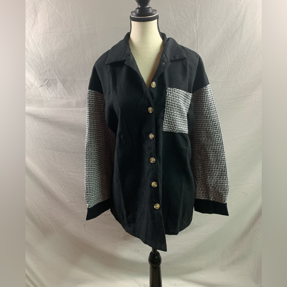 Black Houndstooth Print Drop Shoulder Shacket - Picture 6 of 9